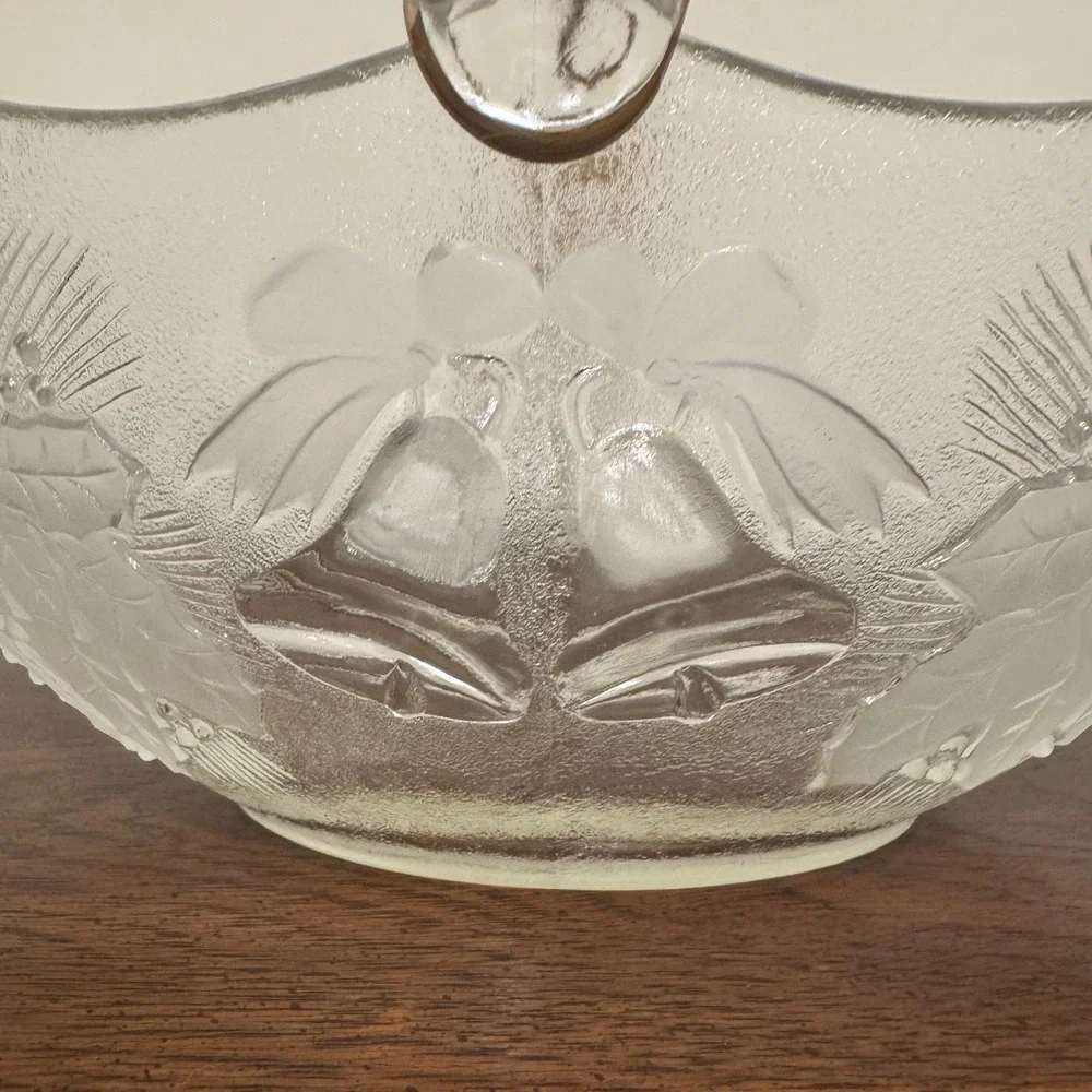 Vtg Frosted Clear Glass Holiday Basket Holly Berry Christmas Bells Woven Handle
